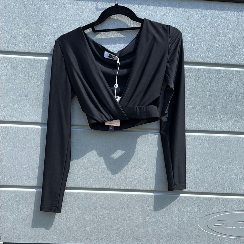 Tiger Mist Black Long Sleeve Wrap Top - Slit Sides - Low Cut Top - NWT Size XS